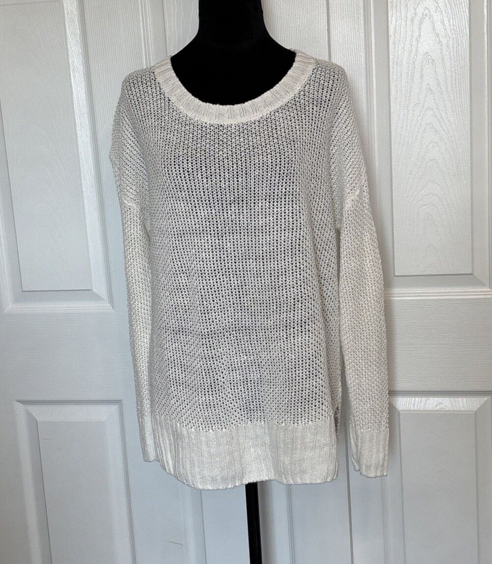J Crew Women’s Linen Oversized Open Knit Crewneck Sweater Coastal White Medium